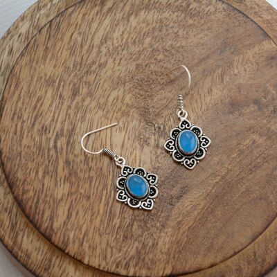 Boucles d'oreilles pendantes tribales argent avec agate bleue