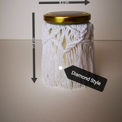 Velas aromáticas Beyond Label- Cera de parafina artesanal, vegana y ecológica en tarros de macramé velas - 300g - mirra y tonka - diamante