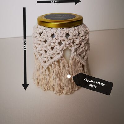 Velas aromáticas Beyond Label- Cera de parafina artesanal, vegana y ecológica en tarros de macramé velas - 300g - bomba de flores - nudos cuadrados