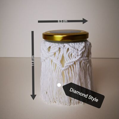 Velas aromáticas Beyond Label- Cera de parafina artesanal, vegana y ecológica en tarros de macramé velas - 300g - sándalo y vainilla - diamante
