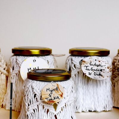 Velas aromáticas Beyond Label- Cera de parafina artesanal, vegana y ecológica en tarros de macramé velas - 100g - libra - diamante