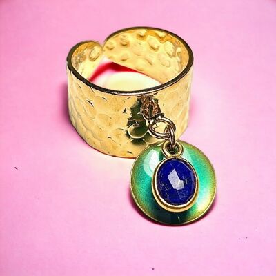 Fine gold-plated "LEA" ring with Lapis lazuli stone and enameled sequin