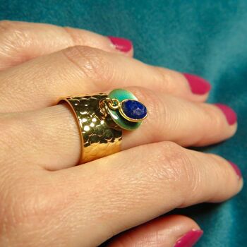 Bague "LEA" dorée or fin avec pierre de Lapis lazuli et sequin émaillé 5