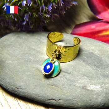 Bague "LEA" dorée or fin avec pierre de Lapis lazuli et sequin émaillé 6