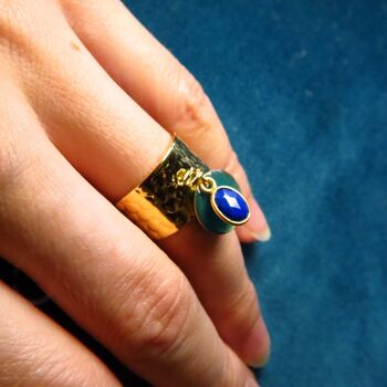 Bague "LEA" dorée or fin avec pierre de Lapis lazuli et sequin émaillé 7