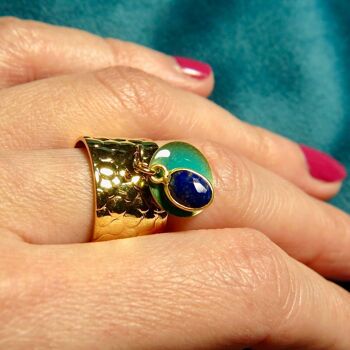 Bague "LEA" dorée or fin avec pierre de Lapis lazuli et sequin émaillé 14