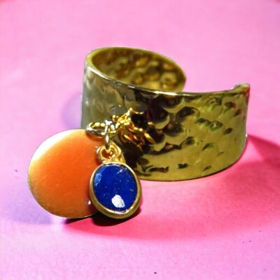 Fine gold-plated "CAMILLE" ring with lapis lazuli stone and enameled sequin