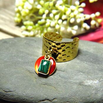 Bague "MANON" dorée or fin avec pierre de Malachite et sequin émaillé 3