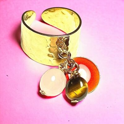 Anillo fino "NOEMIE" bañado en oro en Ojo de Tigre y Cuarzo Rosa con lentejuela esmaltada
