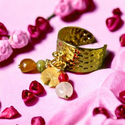 Feiner vergoldeter „AMELIE“-Ring aus Tigerauge-Stein, Rosenquarz und Achaten