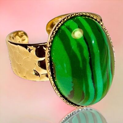 Bague "LILA" dorée or fin en pierre de Malachite