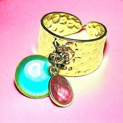 Prezioso anello "SOLENE" placcato oro con pietra tormalina rosa e paillettes smaltate
