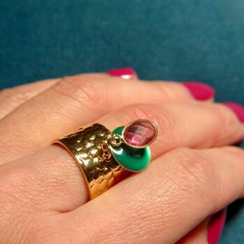 Bague "OPHELIE" dorée or fin en pierre de tourmaline rose et sequin émaillé 15