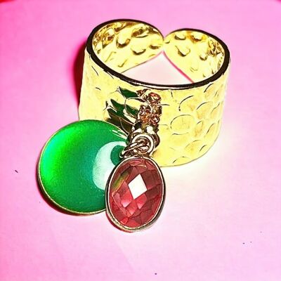 Feiner vergoldeter „OPHELIE“-Ring aus rosa Turmalinstein und emaillierter Paillette