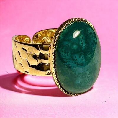 Fine gold “EMOTIONAL BALANCE” ring made of moss agate stone
