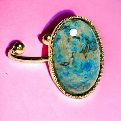 Fine gold gilded "MY ANCHORAGE" ring in Blue Agate stone