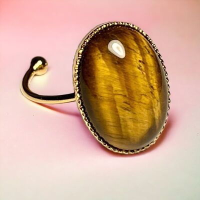 Fine gold gilded "PROTECTION" ring in Tiger's Eye stone