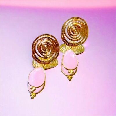 Boucles d’oreilles "ISABELLA" dorées or fin Calcédoine Rose