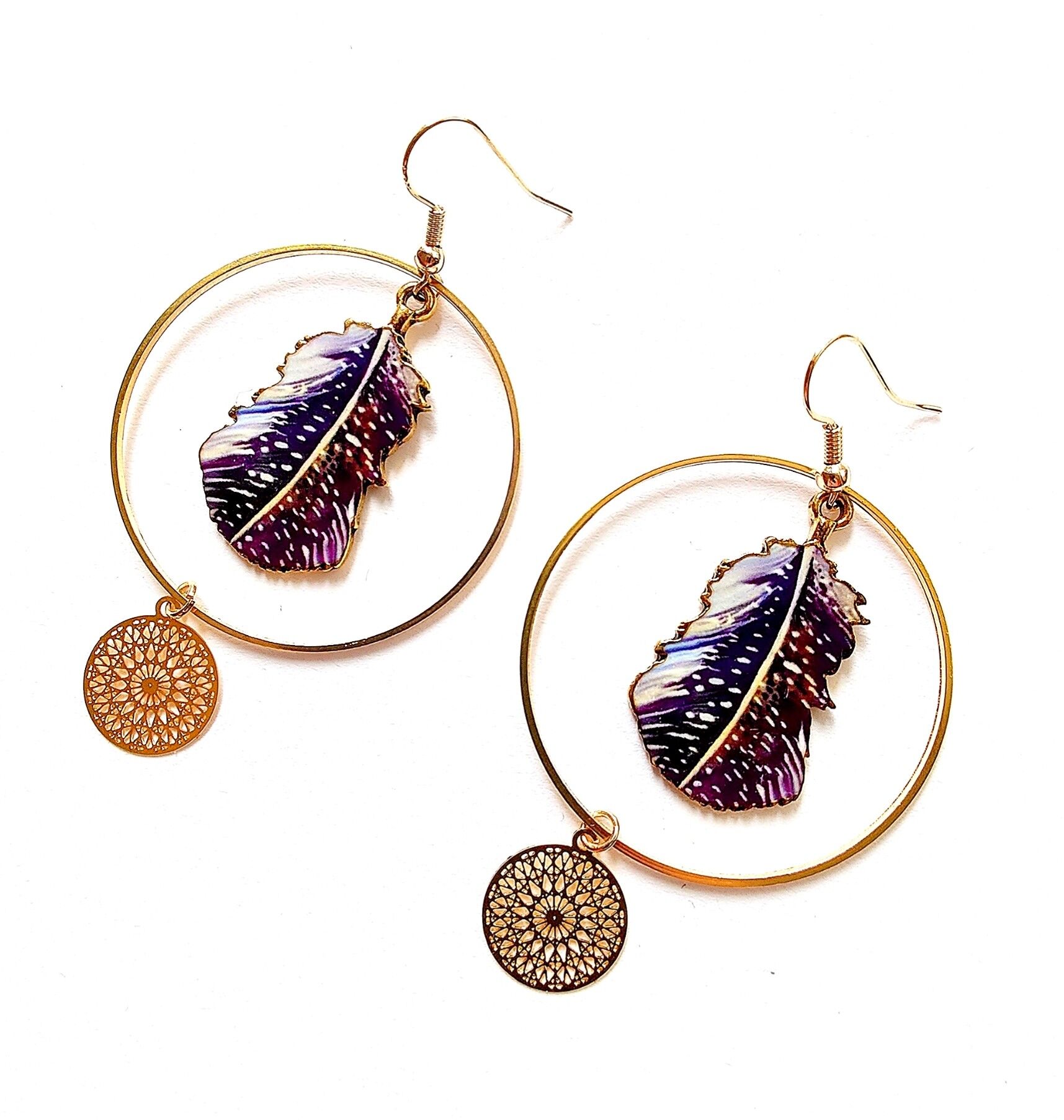 Feather earrings, feather charm, enamel earrings, hoop earrings, boho, hippy earrings, bohemian jewellery, coloured feather earrings, purple feather