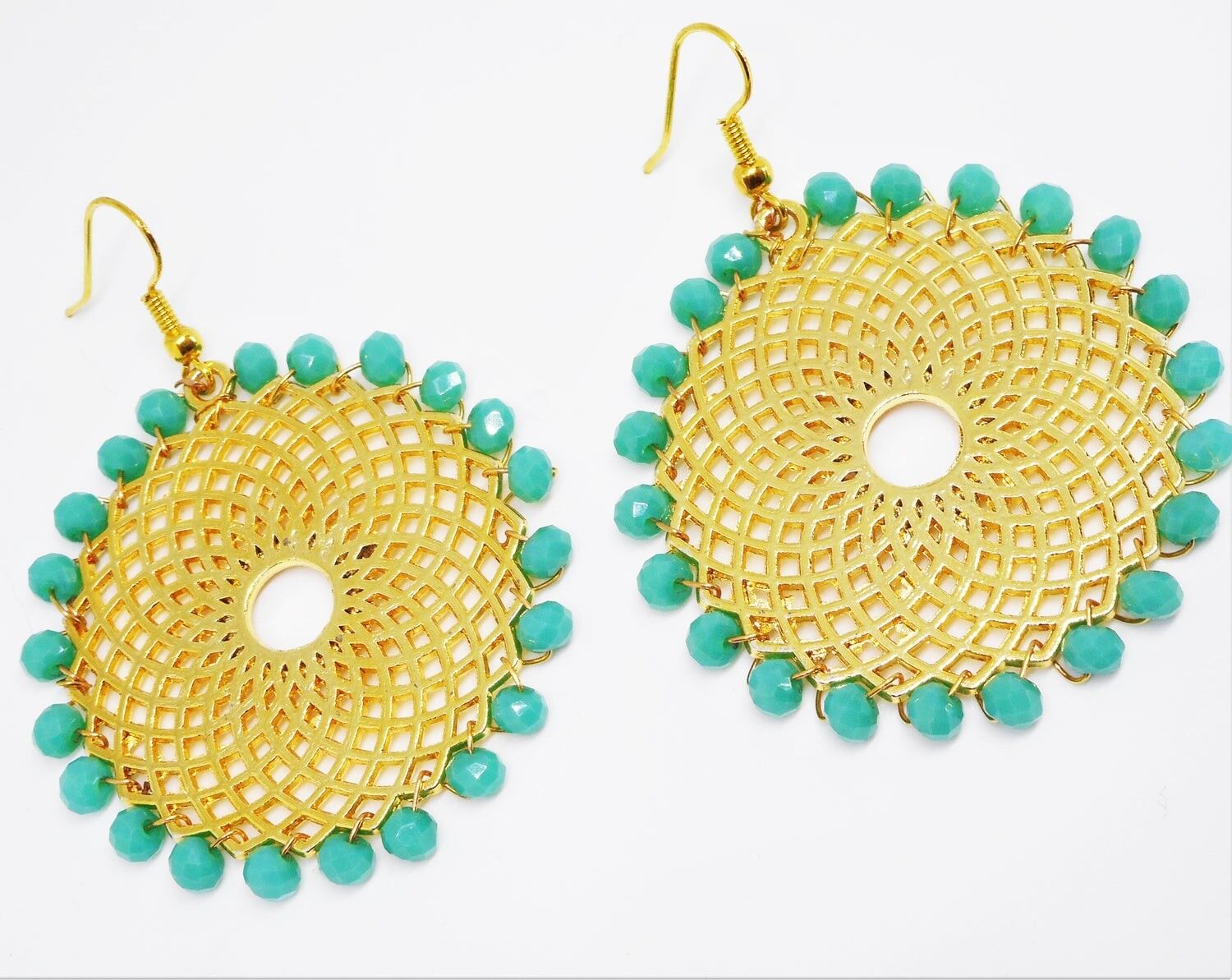 Mandala-Ohrringe, Ohrringe mit Kristallperlen, grün und gold, Scheibenohrringe, Hippie-Ohrringe, Boho-Schmuck, Yoga-Schmuck, spirituell, Mandala