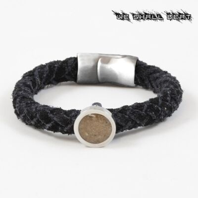 NOUS VAINCRONS | BRACELET AVEC SABLE DAKAR RALLY – DAIM NOIR | ÉLÉMENT SERRURE ET SABLE EN ACIER INOXYDABLE