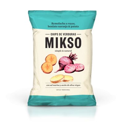 MIKSO Chips vegetales de remolacha a rayas, boniato naranja y patata 85g