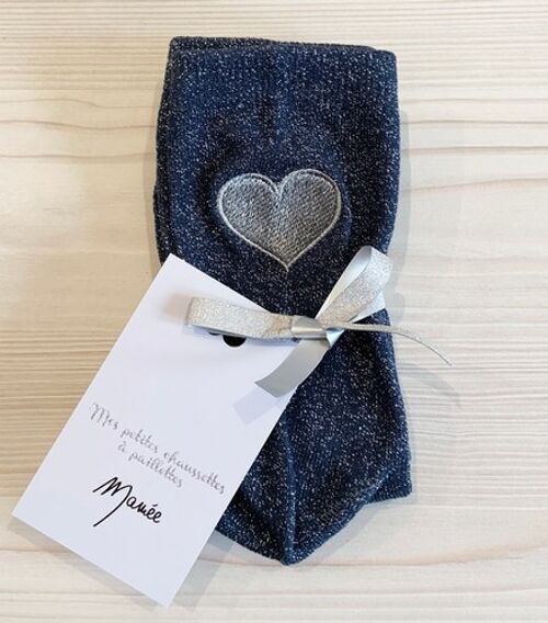 Chaussettes bleu marine à paillettes coeur brodé