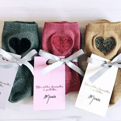 PACK of 3 pairs of embroidered heart glitter socks