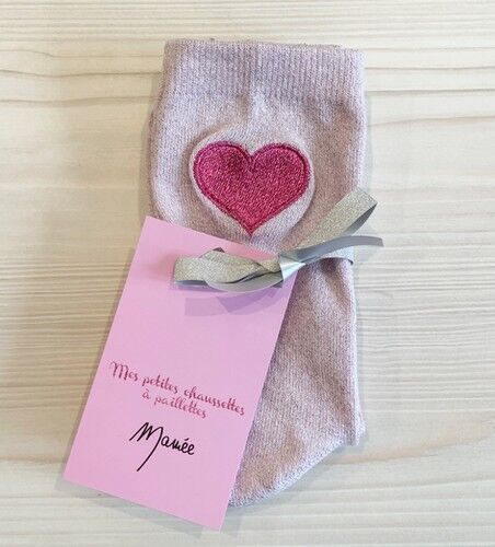 Chaussettes rose pale à paillettes coeur brodé
