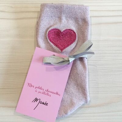 Pale pink socks with embroidered heart sequins