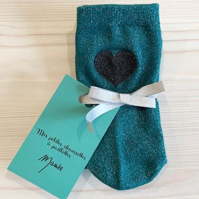 Fir green socks with embroidered heart sequins