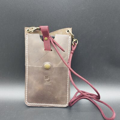 Leather phone case with small wallet pocket. To wear around the neck or side. Up to 6.1 inches. Adjustable cord. Opplav telefondeksel1(Dark Brown)