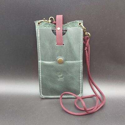 Leather phone case with small wallet pocket. To wear around the neck or side. Up to 6.1 inches. Adjustable cord. Opplav telefondeksel1(Green Forest)