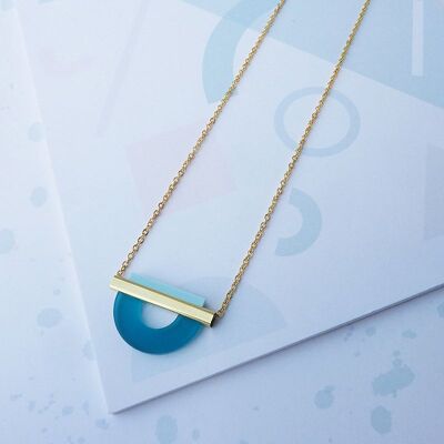 Drop Curve Necklace Teal & Pale Blue- gold necklace with laser cut acrylic Perspex pendant