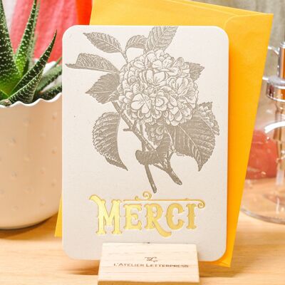 Carte Letterpress Merci Hortensia (avec enveloppe), fleur, or, jaune, vintage, papier recyclé épais