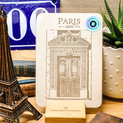 Tarjeta de tipografía Puerta del edificio parisino Sainte Placide, París, arquitectura, vintage, papel reciclado muy grueso, Haussmann