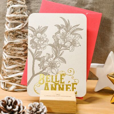 Carte Letterpress Belle Année Fleur de Pommier (avec enveloppe), voeux, or, rouge, vintage, papier recyclé épais