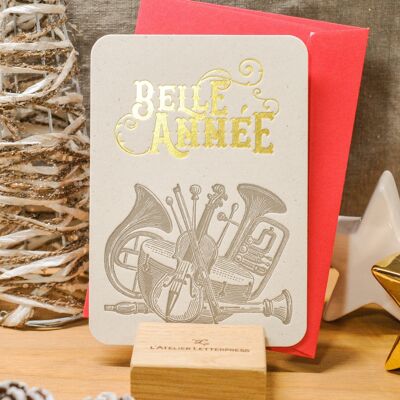 Bell'anno Strumenti musicali Carta tipografica (con busta), saluti, oro, rosso, vintage, carta riciclata spessa