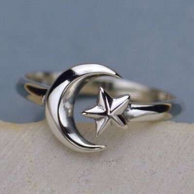 Anello regolabile unico, anello con luna e stella in argento sterling