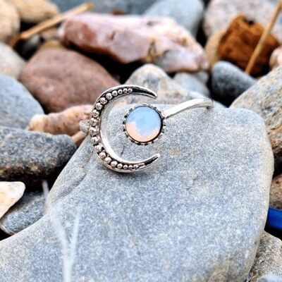 Único anillo de media luna de piedra lunar de plata esterlina 925 ajustable