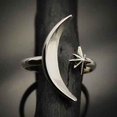 Anello regolabile con luna e stella | Argento 925