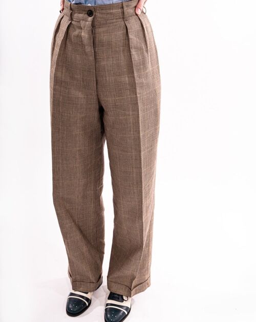 Tan Prince of Wales Wide Legged Pleated Trousers