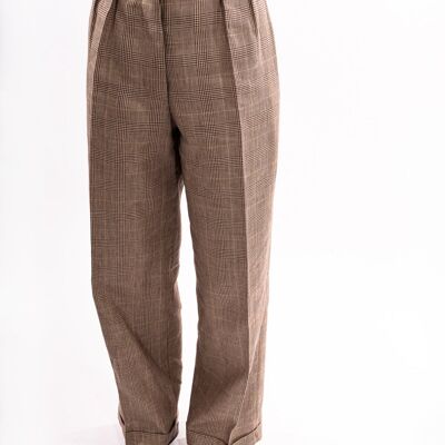 Pantalones plisados de pernera ancha Príncipe de Gales marrón claro