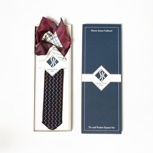 French Stripe Tie and Pocket Square Box Set - Burgundy