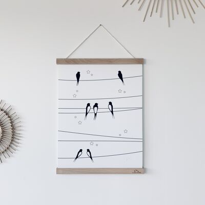 Illustration - Les hirondelles sur le fil - Ciel Blanc