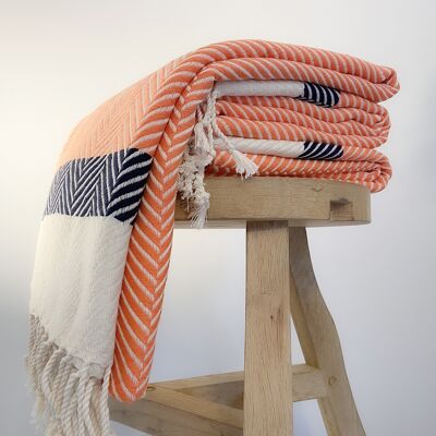 Herringbone two coloured handwoven cotton throw - orange & navy stripe