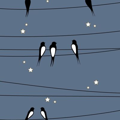 Illustration - Swallows on a Wire - Blue Sky