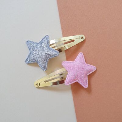 Barrettes étoiles glitter -  argent & rose poudré