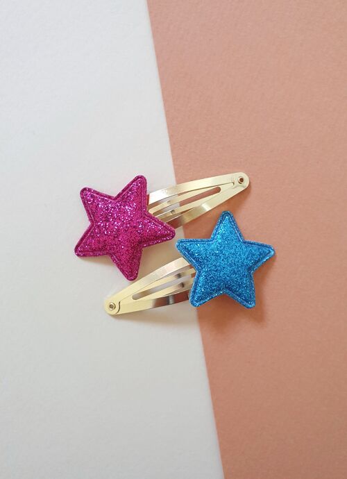 Barrettes étoiles glitter -  Pop bleu & rose