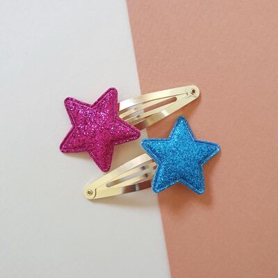 Glitter star hair clips - Blue & pink pop